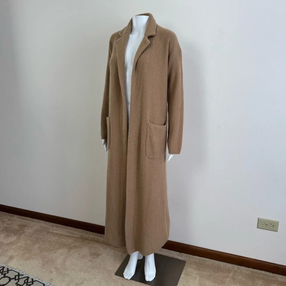 Nordstrom Cashmere Wool Long Ribbed Pockets Camel Tan Brown Cardigan Duster Sz S